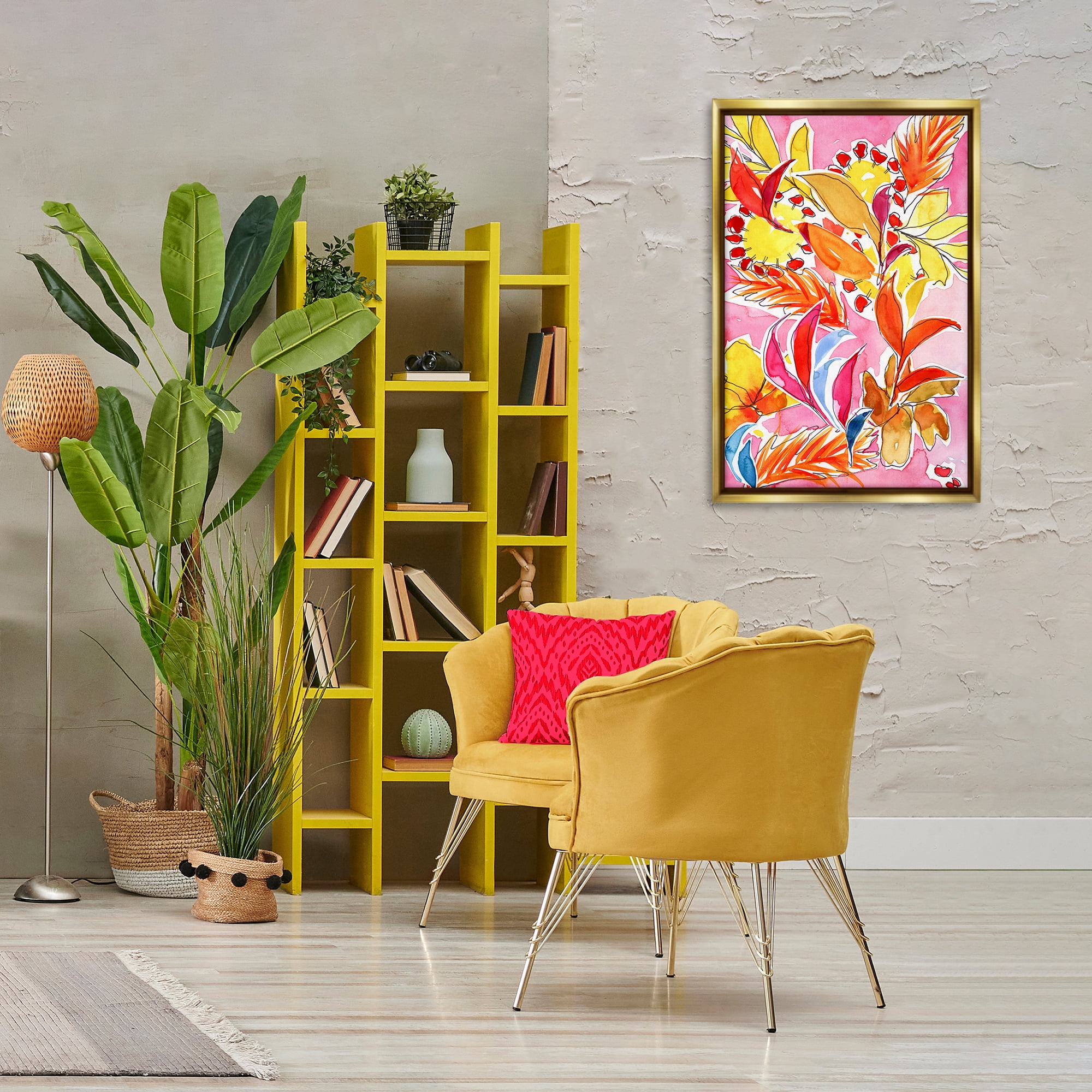 Stupell Industries Orange Botanicals on Pink Plants & Flowers Painting Gold Floater Framed Canvas Art Print Wall Art, 21 x 31
