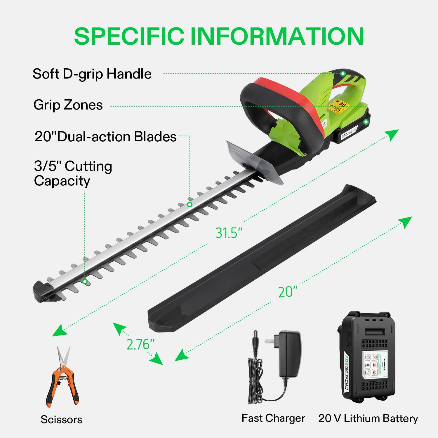 VIVOSUN 20V Cordless Hedge Trimmer 20 inches Blade Length Dual-Action Laser Blade Battery and Gardening Hand Pruner Included