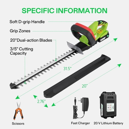 20 Cordless Hedge Trimmer with 20V Battery, Dual-Action Laser Blade, Lightweight Electric Bush Trimmer for Garden Shrub Cutting