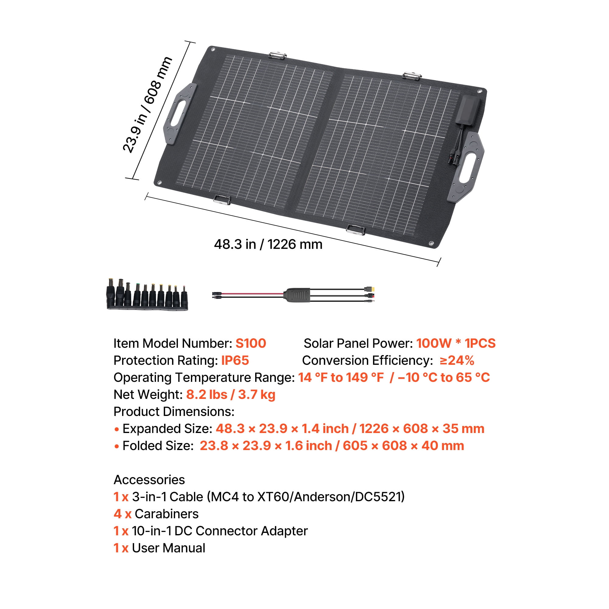 KFFKFF 100W Foldable Bifacial Solar Panel, 16BB N-Type Monocrystalline Charger with 24% Efficiency, Portable Design with MC4, USB-A (QC3.0), Type-C, and DC Ports for Outdoor Power Needs