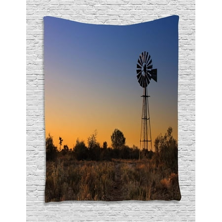 Kalahari Outdoor Windmill Tapestry, Sunset in Kalahari Peaceful Outdoors Agriculture Rural Nature Image, Wall Hanging for Bedroom Living Room Dorm Decor, Blue Brown and Marigold, by Ambesonne ()