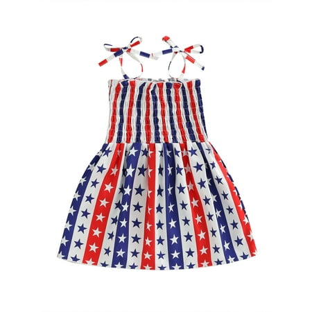 

Arvbitana Toddler Baby Girl 4th of July Dress 18M 24M 3T 4T 5T 6T Flag Print Sleeveless Strap Sundress Independence Day Clothes Dress