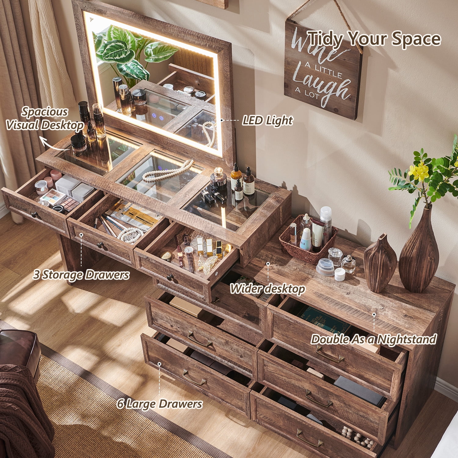 Farmhouse Vanity Desk with Glass Top, Corner Makeup Vanity Set with 30" HD Led Mirror and 3 Color Available Lights, 9 Storage Drawers, Wood Vanity Table for Bedroom
