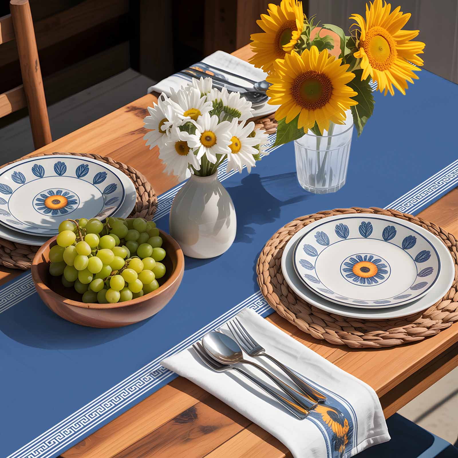 Blue Back Pattern Retro Greece Table Runner 90 Inches Long, Abstract Geometric Texture Table Runners Tabletop Scarf Kitchen Dining Tables Decoration for Home Party Indoor Outdoor