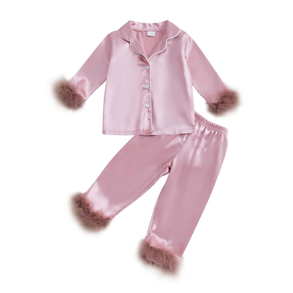 Cjfdfy Toddler Baby Girl Silk Satin Pajamas Set PJS Sleepwear Spring Fall Winter Clothes Fuzzy Trim Long Sleeve Button Down Shirt Tops Long Pants 2 Piece Loungewear Set Homewear