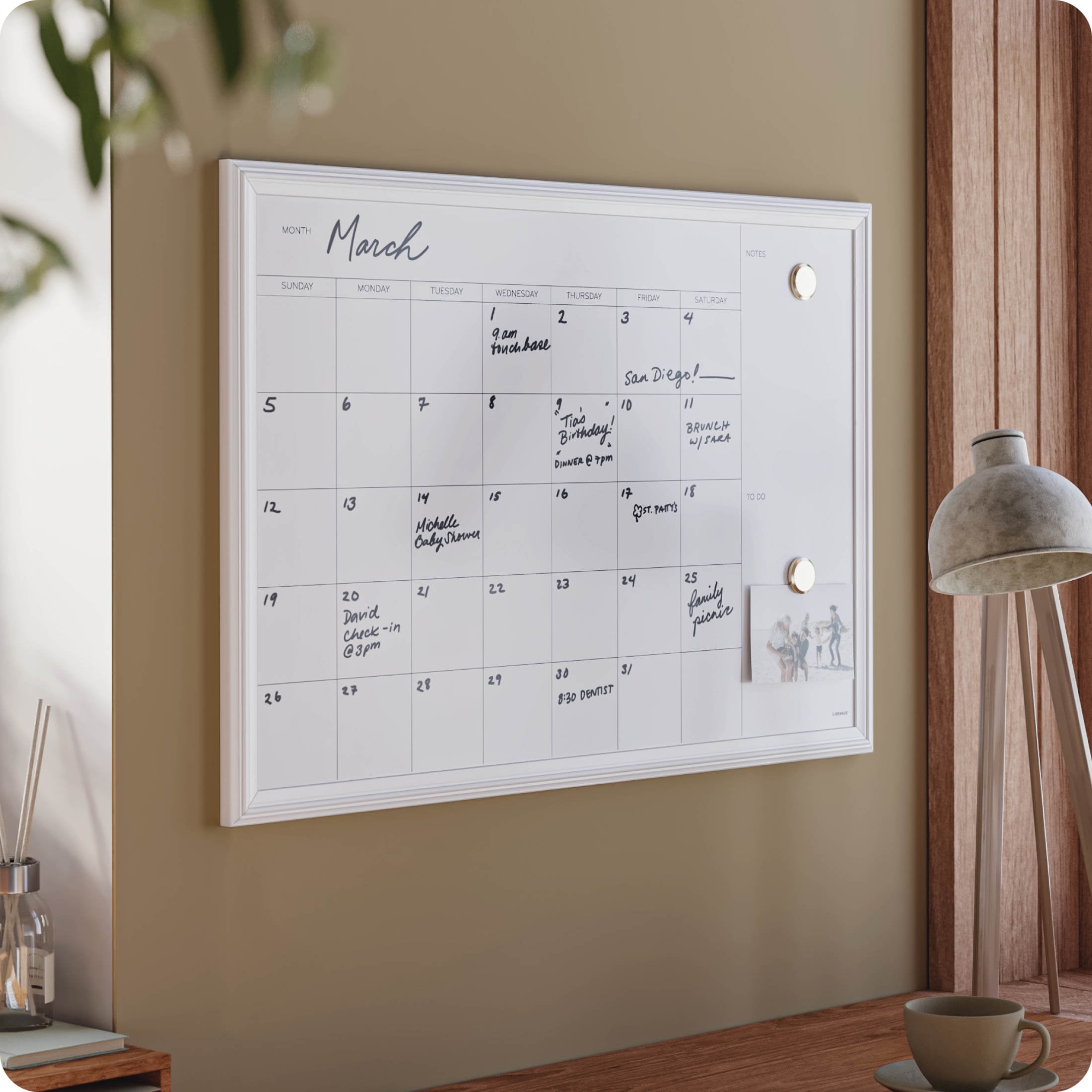 U Brands 30 x 20 Magnetic Dry Erase Calendar Whiteboard, White Wood Frame
