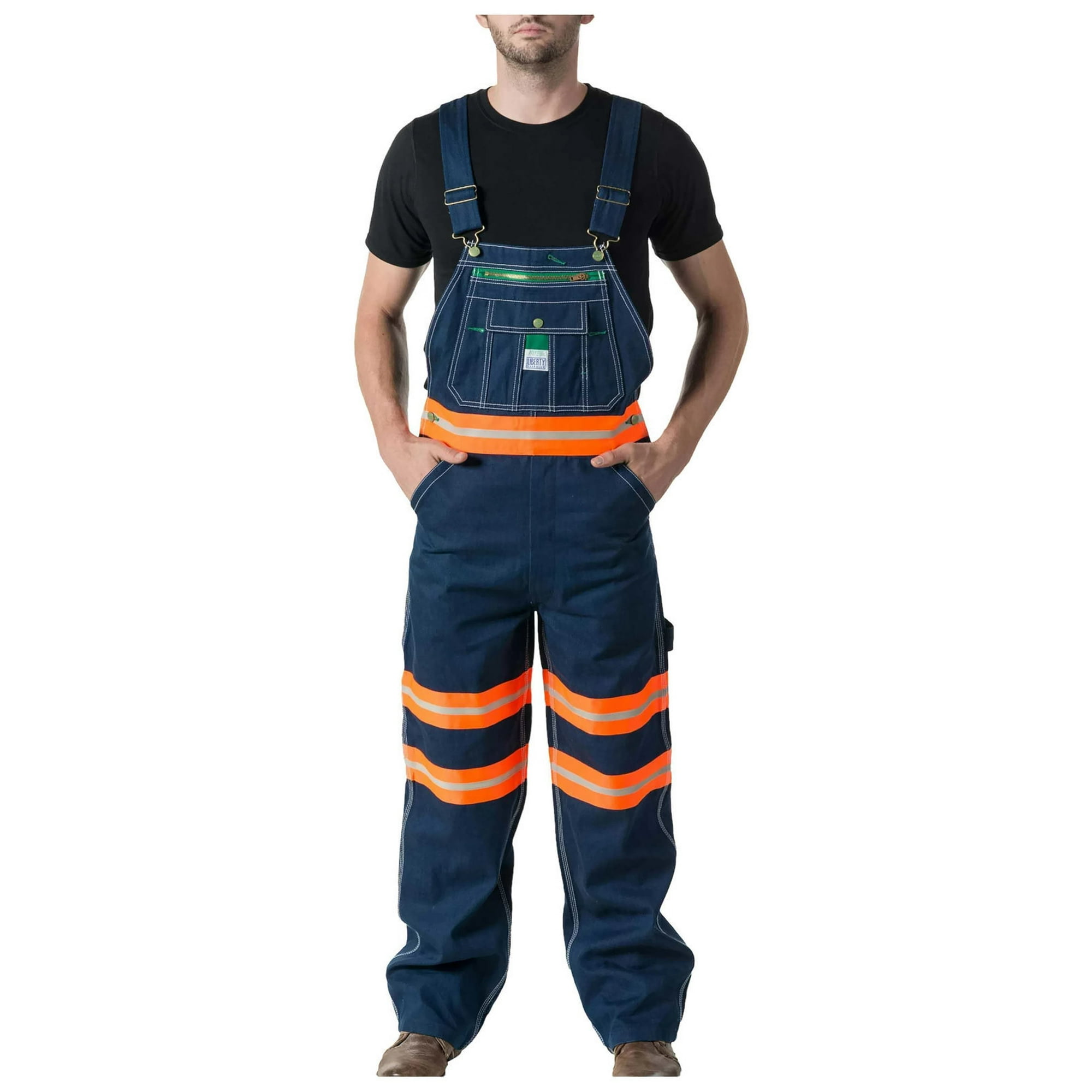 Liberty Mens Bib Overall with Hi-Vis Tape, 32W x 34L, Denim Blue Orange Tape