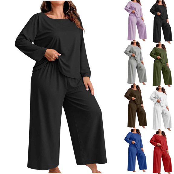 Hzzrkos Women Casual Plus Size Loose Solid Color Round Neck Long Sleeve Two Piece Wide Leg Loungewear Pajama Set, Soft Relaxed Sleepwear Outfit For Indoor Daily Rest Black XXXL