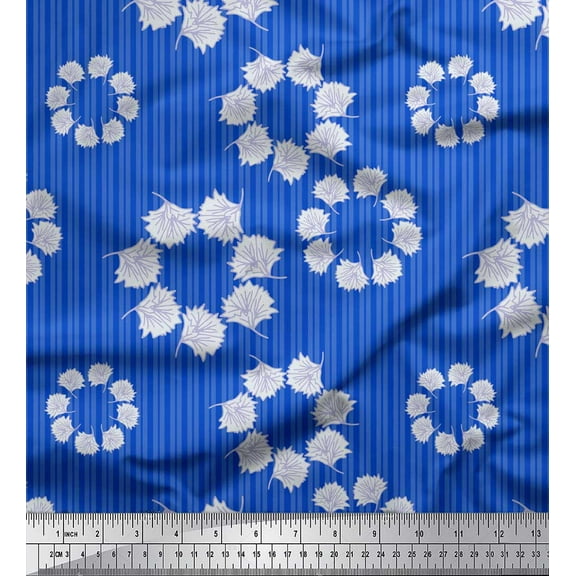 Soimoi Blue Cotton Voile Fabric Artistic Floral Wreath & Stripe Print Sewing Fabric Yard 42 Inch Wide