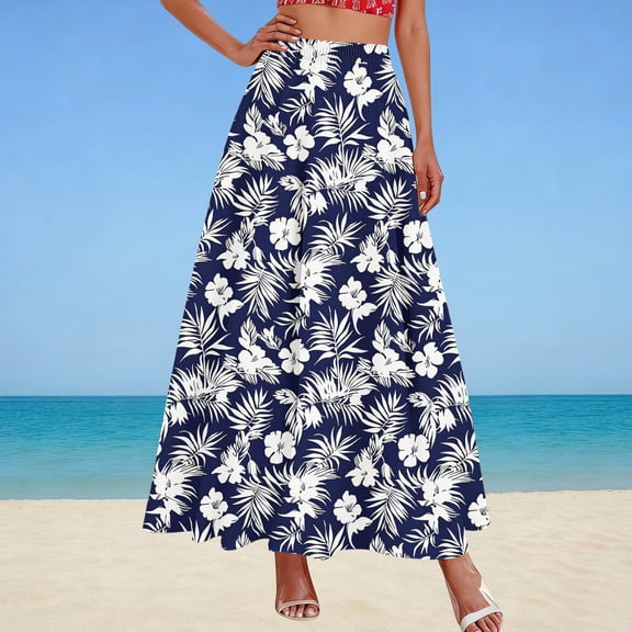 Qulqfy Womens Summer Maxi A-Line Peasant Long Skirts High Waisted 100%Cotton Boho Plus Size with Pockets Drawstring Dark Blue Skirts for Women L