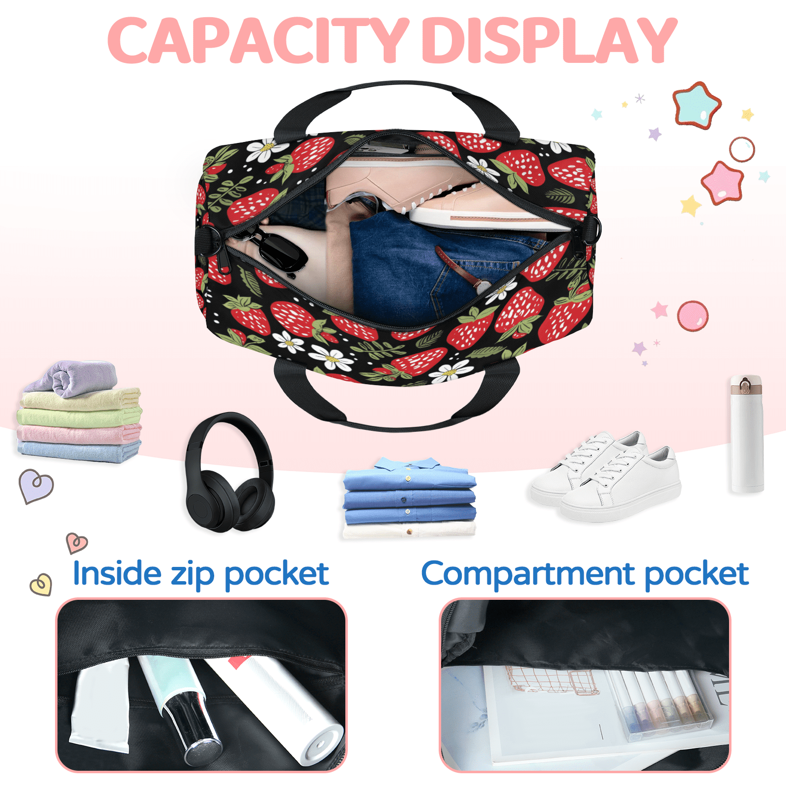Herdesigns Strawberry Travel Duffle Bag Sports Yoga Weekender Overnight Carry on Workout Bags Lightweight Waterproof Gym Tote Bag for Women