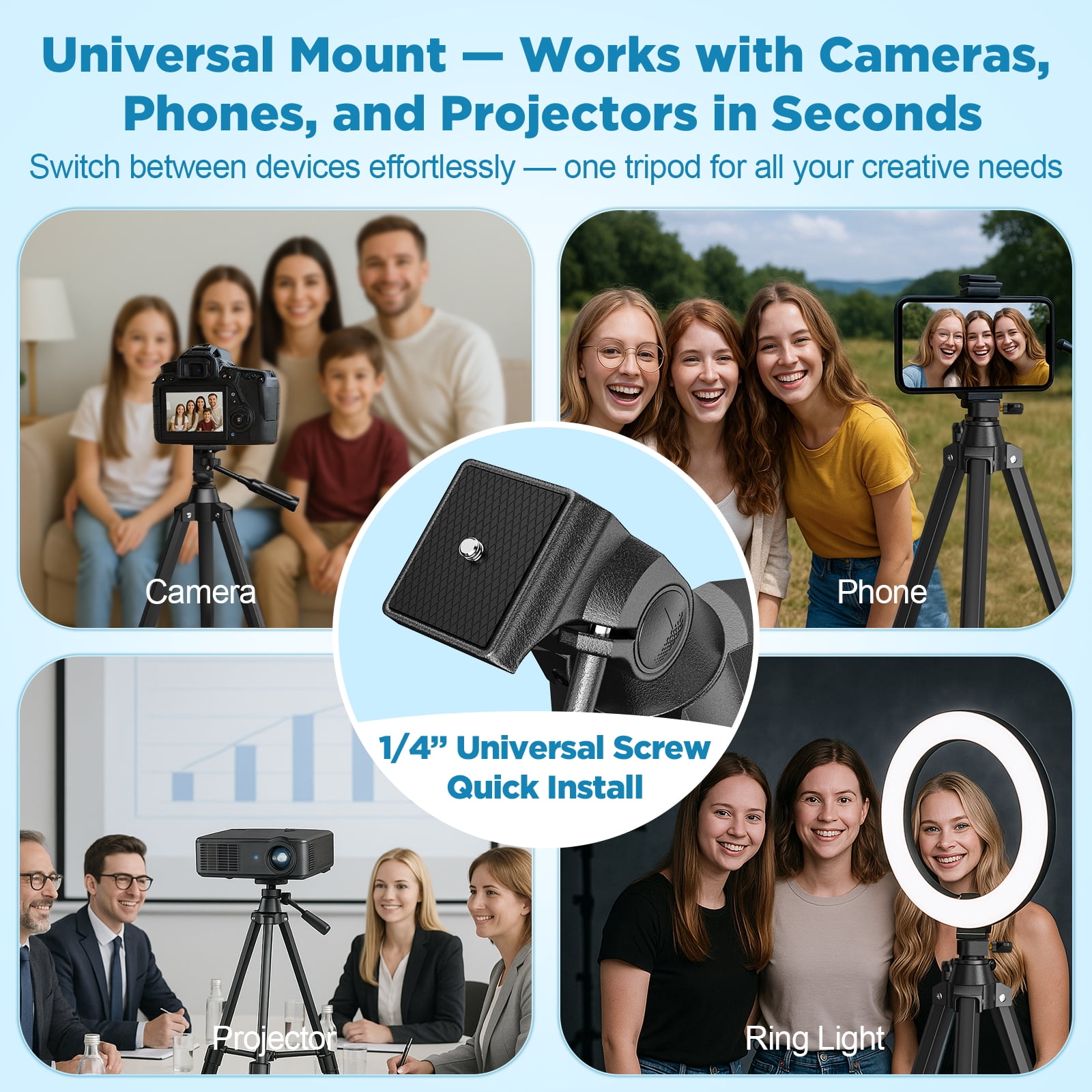 QUNSE 52" Aluminum Camera Tripod, Lightweight Travel Tripod for Camera & Phone with 360° Pan/180° Tilt Fluid Head, 4-Section Quick Release Stand with Universal 1/4" Screw