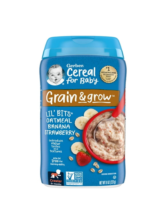 Gerber 3rd Foods Cereal for Baby Grain & Grow Lil' Bits Baby Cereal, Banana Strawberry Oatmeal, 8oz Canister