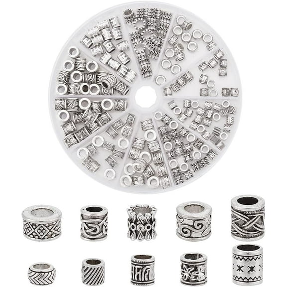 160pcs 10 Styles Large Hole Spacer Beads Antique Silver Spacer Beads Column Metal Beads Tibetan Style European Bead for Pen Necklace Bracelet Jewelry Making Hole: 3.2~5.3mm