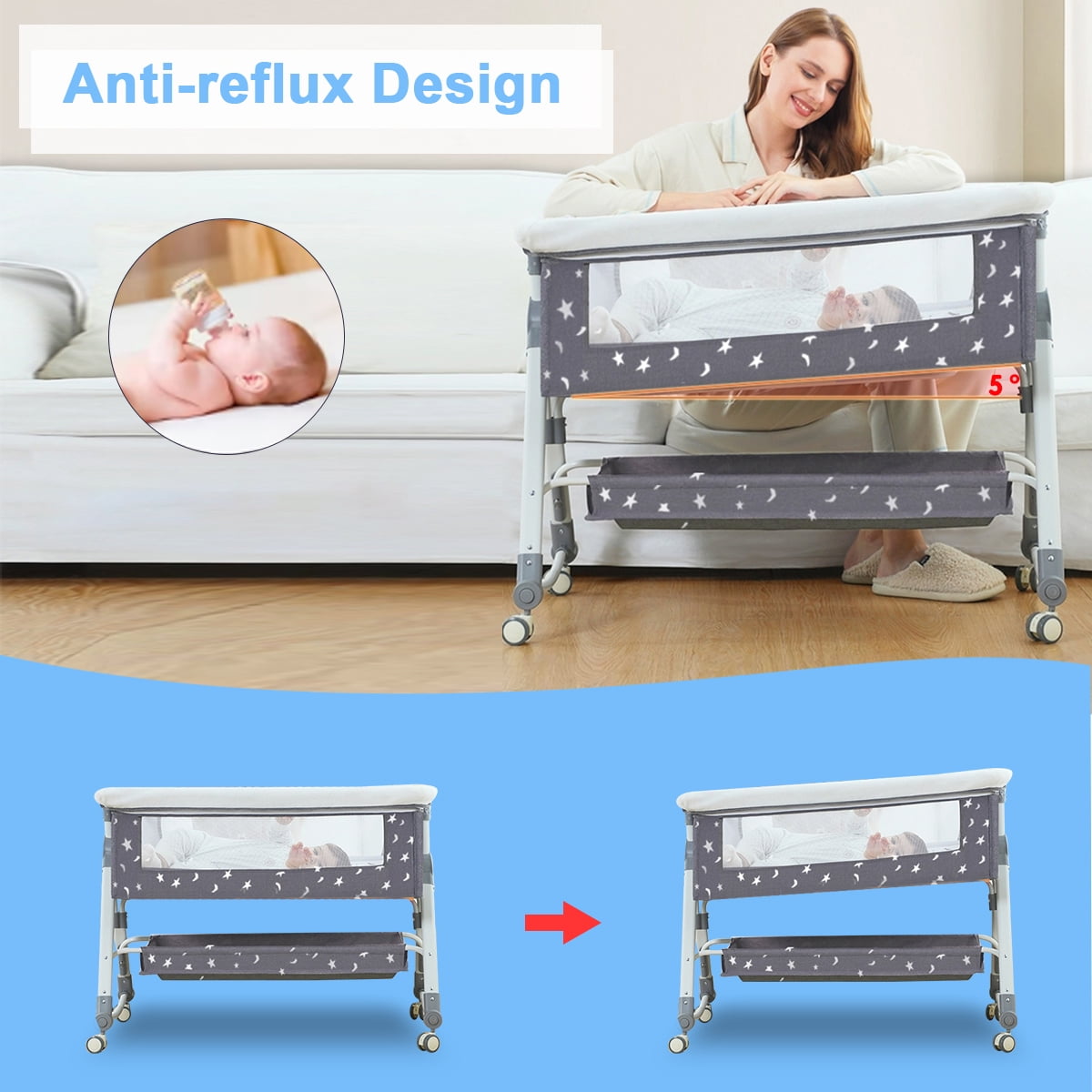 HAOUUCYIN Baby Bassinet, 5-in-1 Infant Bedside Crib with Diaper Table, Adjustable Height, for 0-24 Months, Black