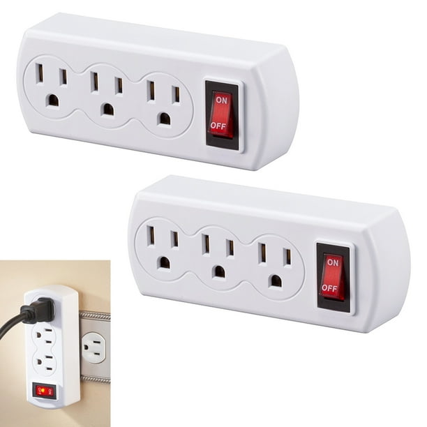 2 PK Grounded 3Outlet Plug Adapter Wall Tap On/Off Switch White Home