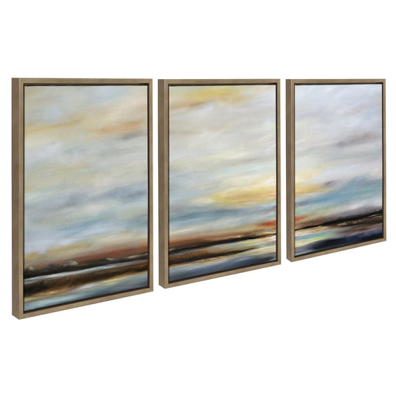 Kate and Laurel Sylvie Carolina Sunset Triptych Framed Canvas Wall Art Set by Mary Sparrow, 3 Piece Set Gold, Natural Beach Landscape Art Set for Home Wall Decor