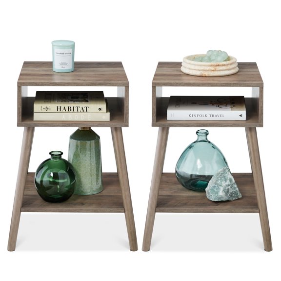 Best Choice Products Set of 2 Mid-Century Modern End Tables w/ Cubby Storage, Lower Shelf, Offset Legs - Gray Oak
