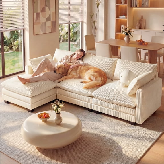 110.2" Cloud Couch Sectional, Lofka Modern Modular Sofa with Deep Seat, Upholstered Living Room Furniture Set with Movable Ottoman and 2 Throw Pillows, Beige Couch