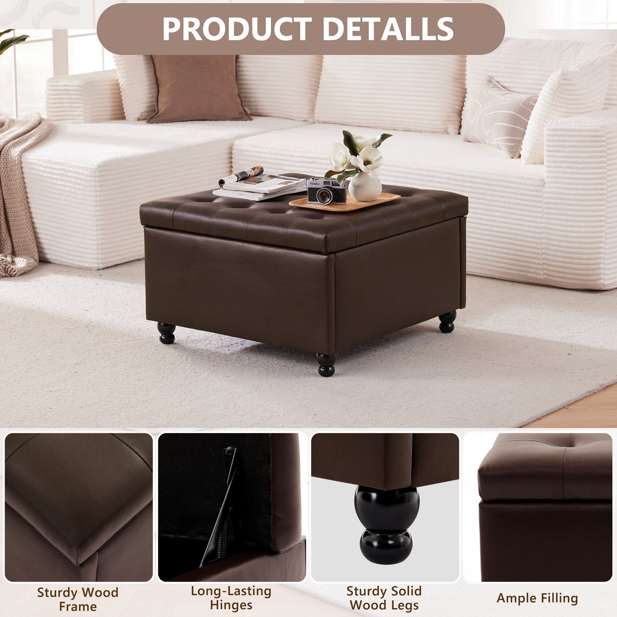 Weture Oversized Square Storage Ottoman Coffee Table, Tufted Upholstered, Leather, 29.5 Inch, Brown