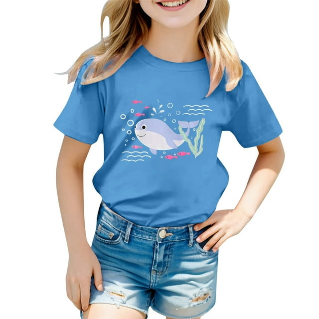 NINGMENG Hauts et T-Shirts pour Filles, Imprimé Graphique Océan, Col Rond, Manches Courtes, Chandail, Bleu, 10-11 Ans