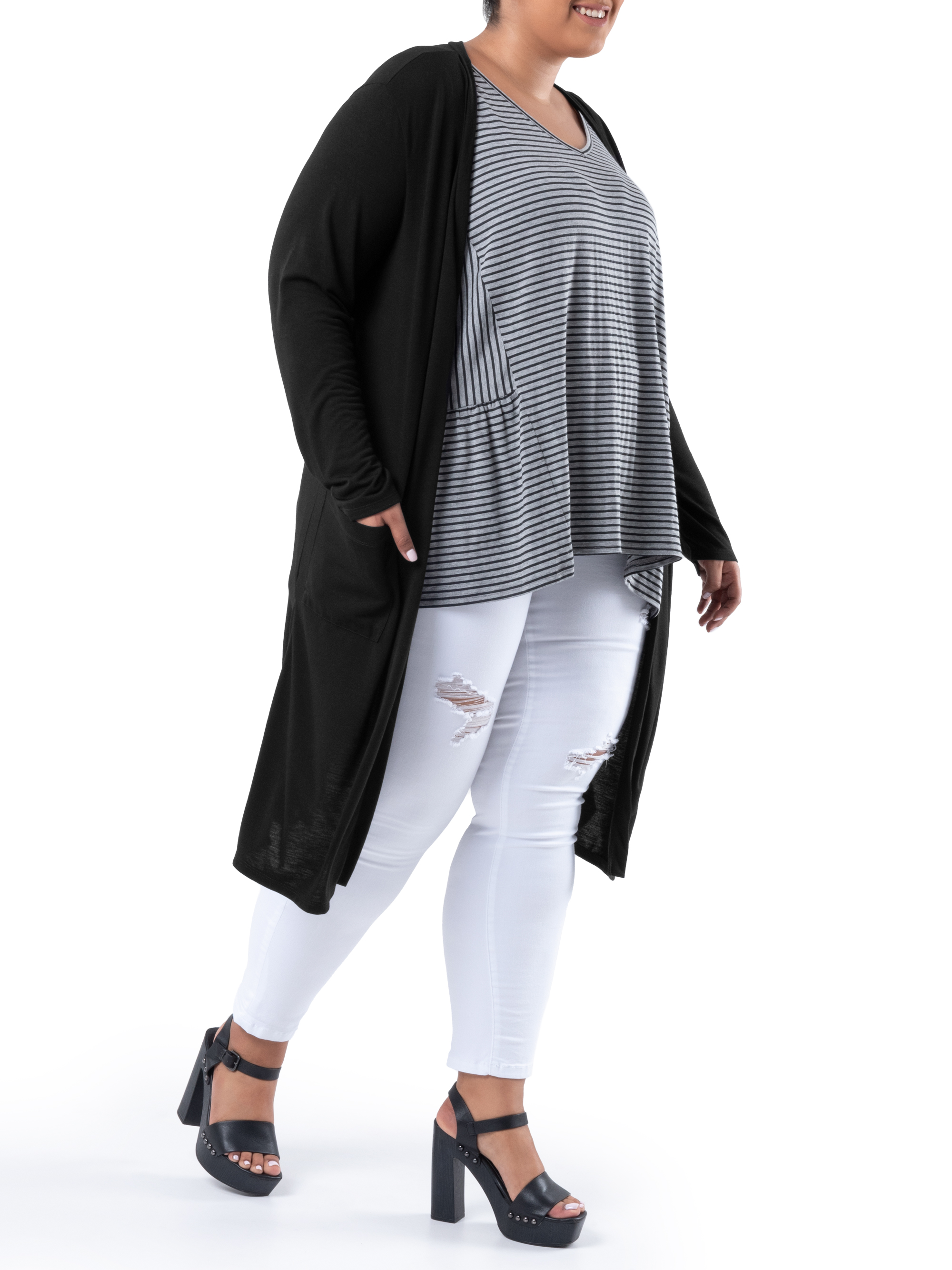 Wright's Women's Plus Size Long Sleeve Open Front Pocket Jersey Duster Cardigan, 1X-5X