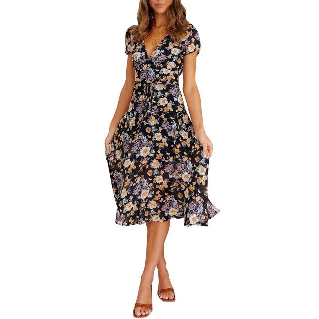 Vestido floral para mujer, vestido midi para mujer, vestido floral midi, vestido floral con escote en V, diseño elevado