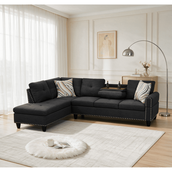 Leumius L-Shaped Sectional Sofa, Modern 4-Seat Couch with Built-in Cup Holders, Upholstered Fabric Sectional Couch with Left Facing Chaise for Living Room, Apartment, Office,Black