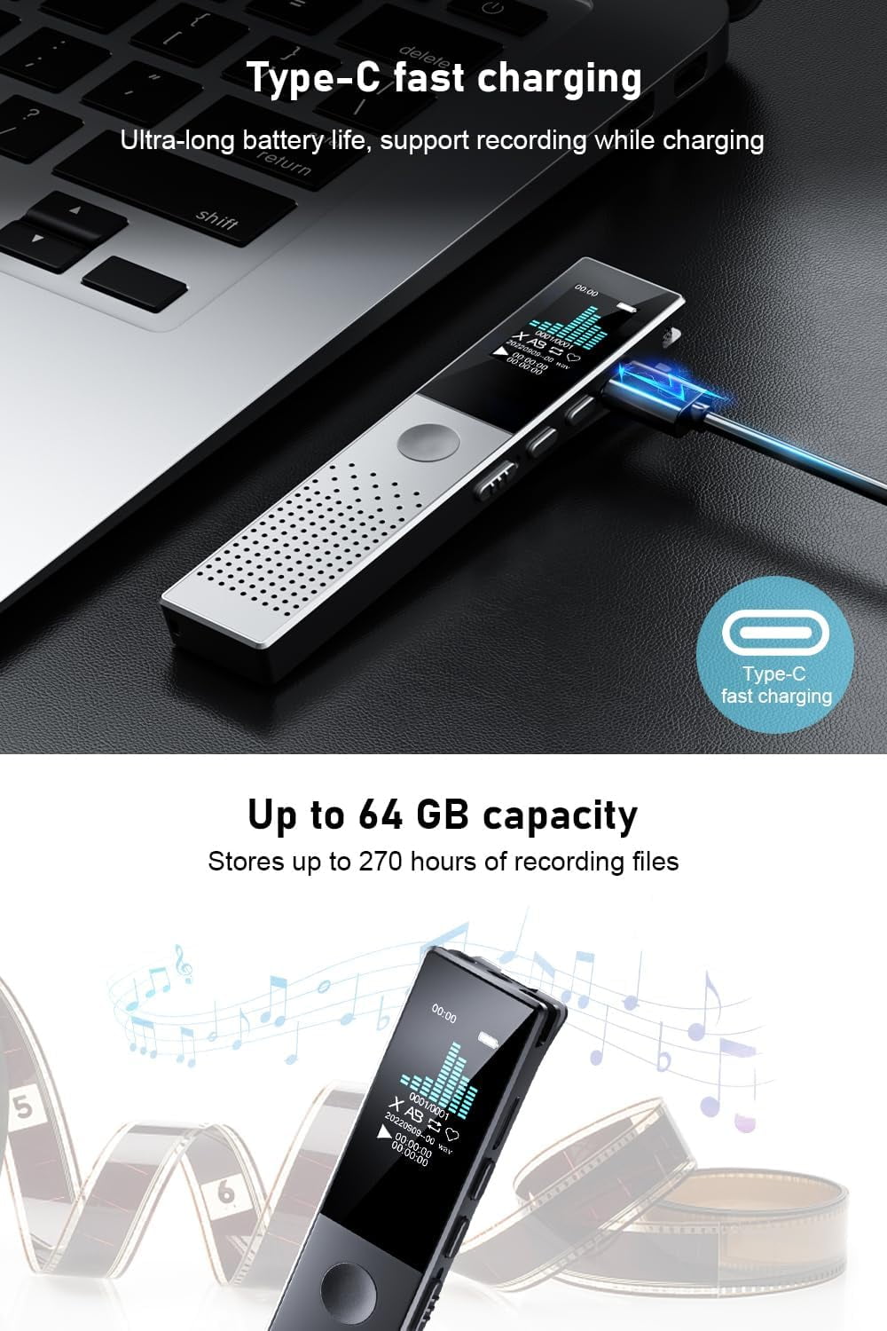 MUSICOZY Voice Recorder Compact IC Recorder MP3 Player [64GB Large Capacity & Bluetooth 5.2 & 3072kbps Sound Quality] VOR Recording AB Recording Repeat Playback Bluetooth Lecture Recording