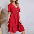 thumbnail image 3 of Womens V Neck Mini Dresses 2025 Summer Short Sleeve Casual A Line Flowy Pleated Ruffle Swing Shirt Dress, 3 of 8