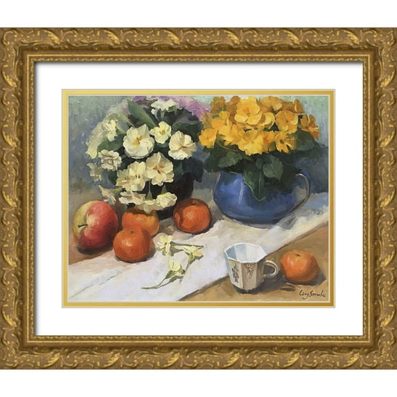 Strube, Ling 32x26 Gold Ornate Wood Framed with Double Matting Museum Art Print Titled - Primrose with Still Life