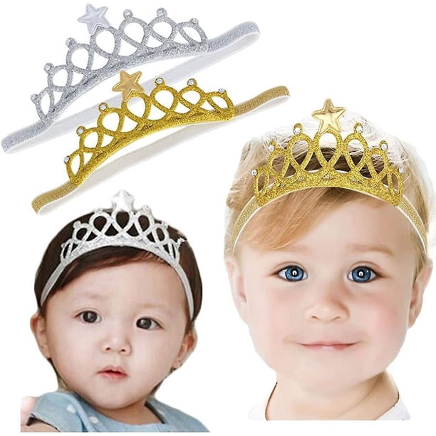Diadema súper elástica para niña, banda para el cabello para niño pequeño, diadema suave, corona, accesorios para el cabello para niños (dorado/plateado)