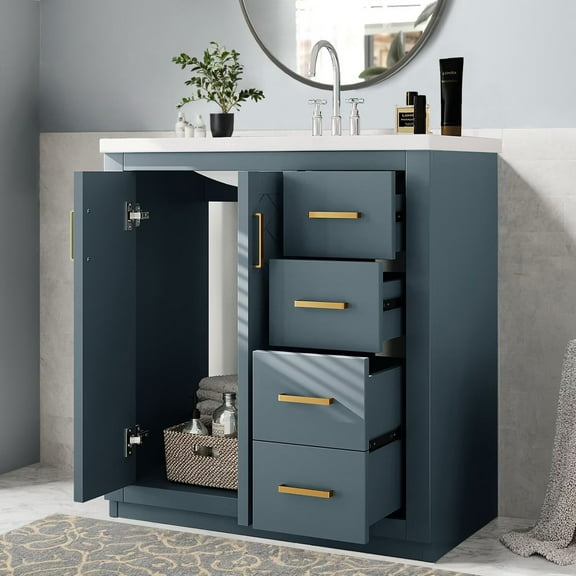30" Bathroom Vanity with Ceramic Sink Combo, Single Basin Vanity Set with Storage Cabinet Doors Drawer, Solid Wood Freestanding Bathroom Cabinet with Gold Handle, Navy Blue