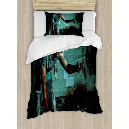 Grey And Teal Bedding Zombie Duvet Cover Set, Dead Man in the Old Abandoned House Nightmare Bloody Fantasy Art Scenery, Decorative Bedding Set with Pillow Shams, Teal Charcoal Grey, by Ambesonne ()