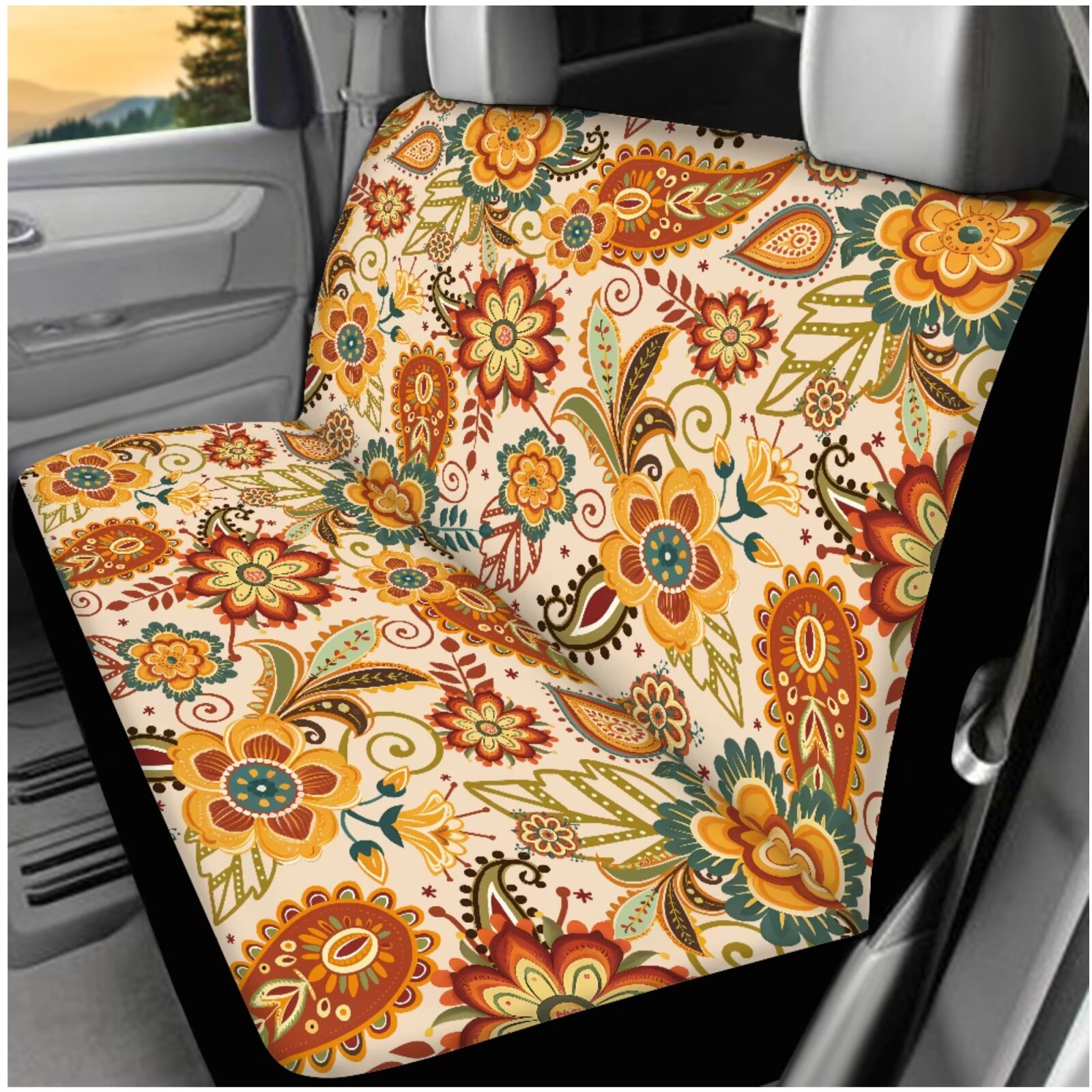 Binienty Bohemian Paisley Car Seat Covers Full Set with Steering Wheel Cover Headrest Protectors Seatbelt Shoulder Pads Machine Washable Fabric Universal Fit for SUV Truck Sedan Auto Interior Decor
