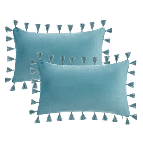 REGALWOVEN Lot de 2 Housses de Coussin Décoratives en Velours Doux Uni Taies d'Oreiller Bohèmes avec Pompons pour Sofa Chambre Canapé Aqua Brume 20 Pouces x 12 Pouces