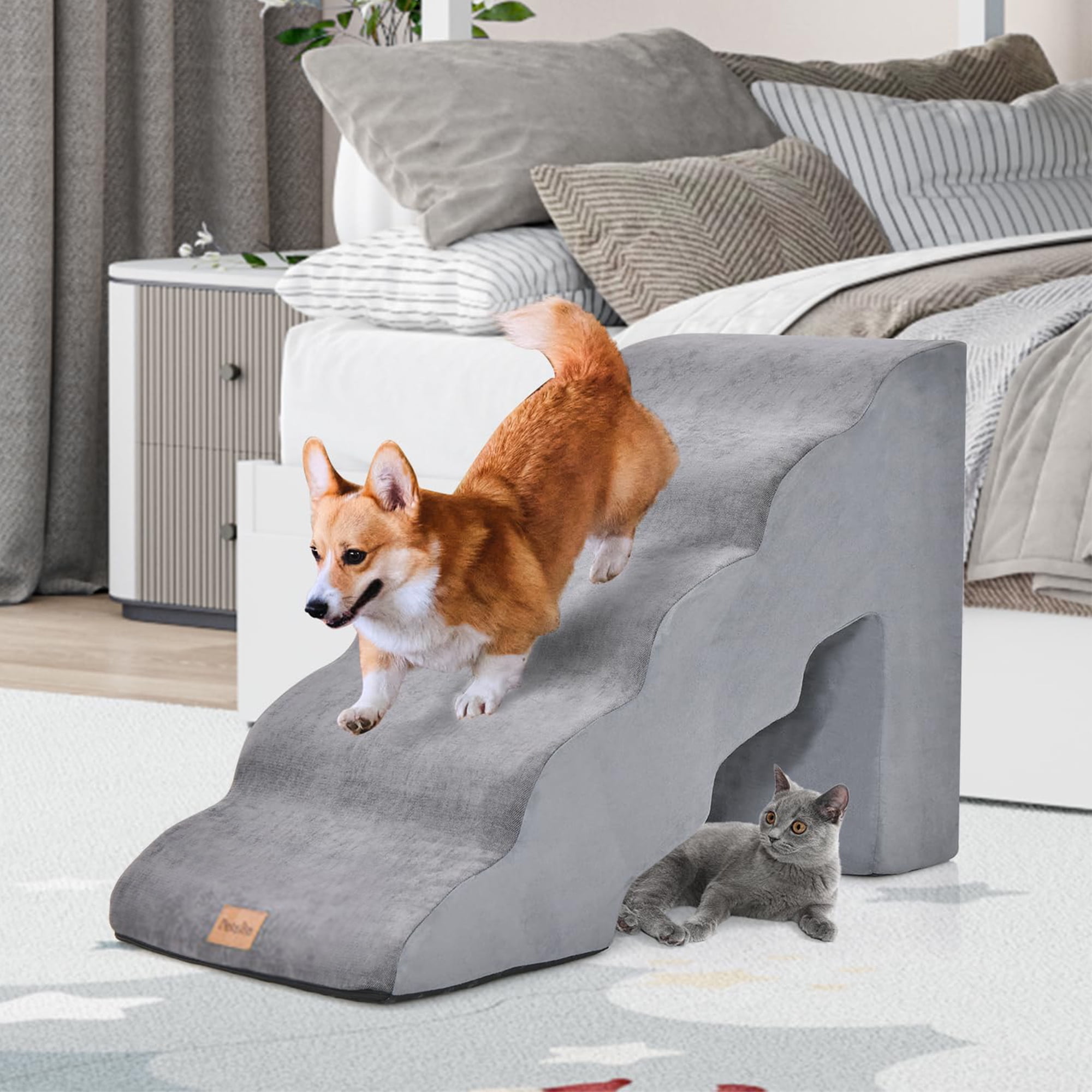 resenkos 33" Dog Stairs for Small Pets with High-Density Sponge and Silicone Paw Prints, 5-Step Dog Ramp for Beds and Couch, Gray