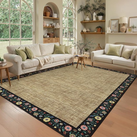 Washable Rugs for Living Room 4 x 6ft Large Area Rug Farmhouse Floral Bordered Bedroom Carpet Indoor Non-Slip Nursery Mat Soft Non Shedding Stain Resistant Carpet for Dining Room, Yellow