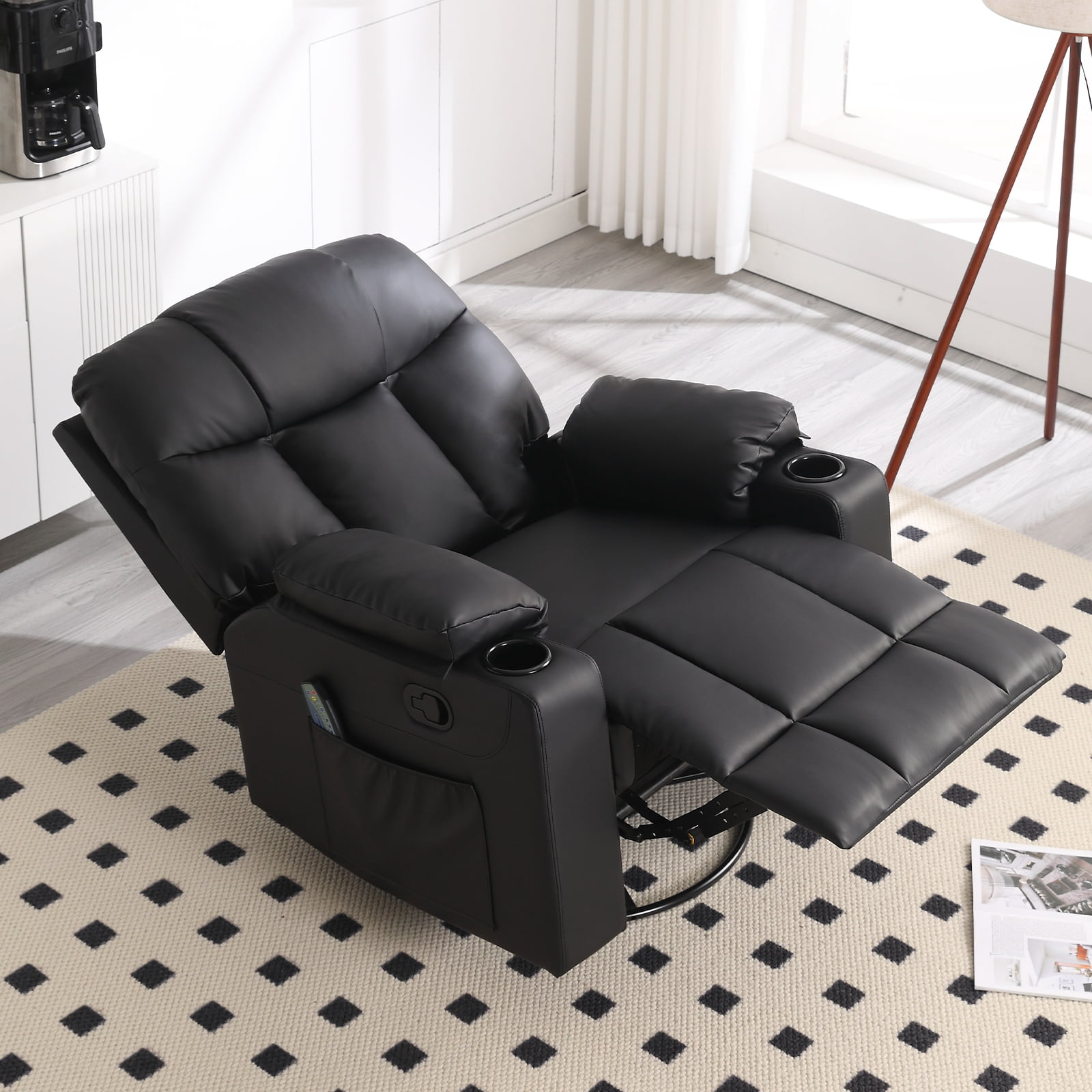 Bonzy Home Rocker Recliner Chair with Swivel Base, Massage & Heat, 2 Cup Holders – Comfortable Recliner for Living Room, Bedroom, Black