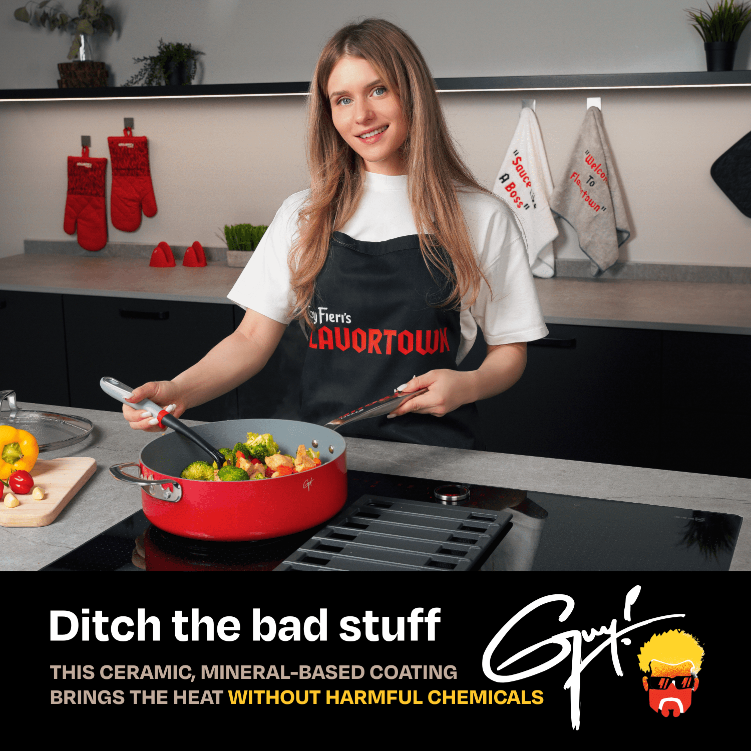 Guy Fieri's Flavortown 11-Piece Ceramic Cookware Set, Nonstick Pots and Pans for Cooking, Oven Safe, Dishwasher Safe, Easy to Clean Everyday Cookware