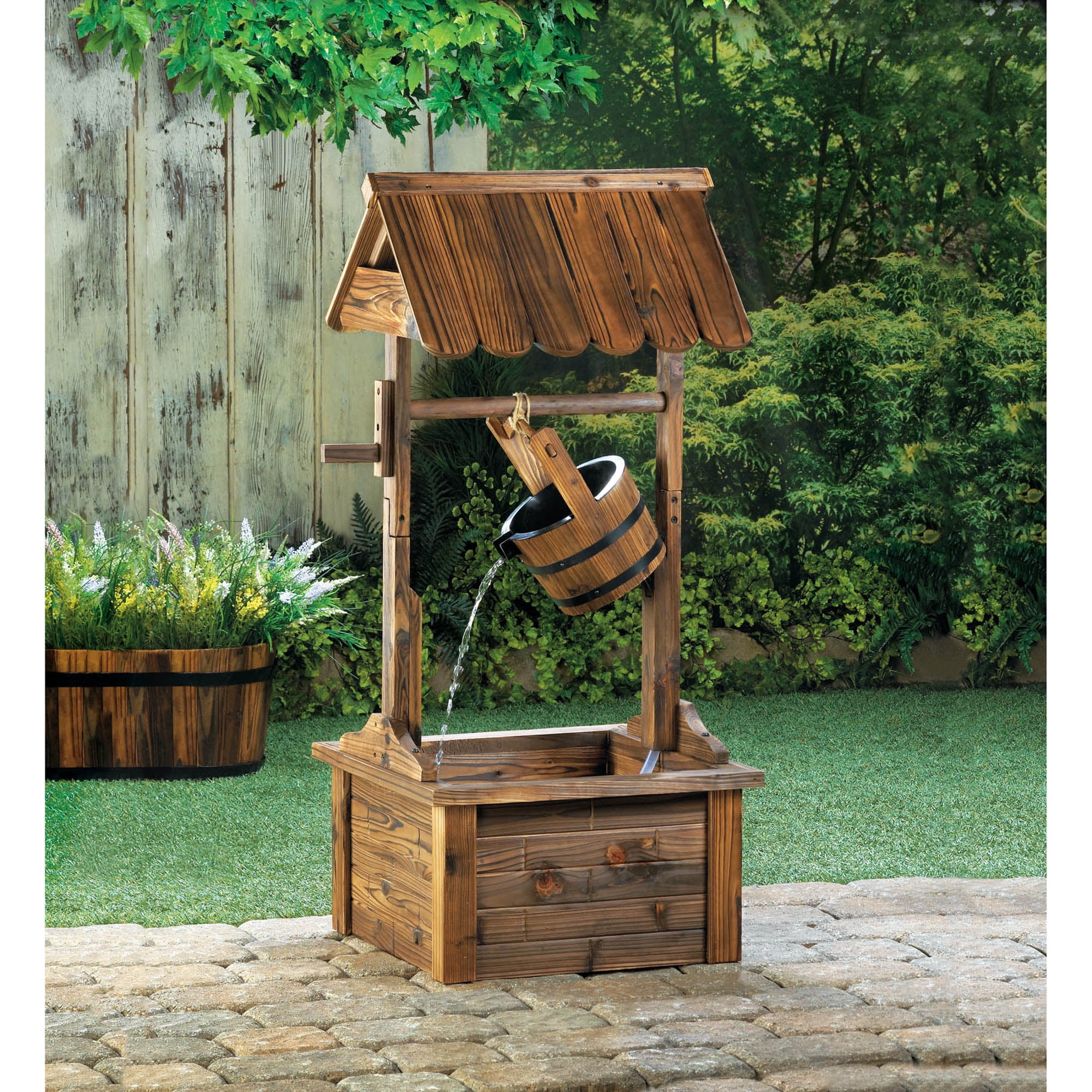44 inch Wishing Well Water Fountain Rustic Wooden Outdoor w/Electric Pump 
