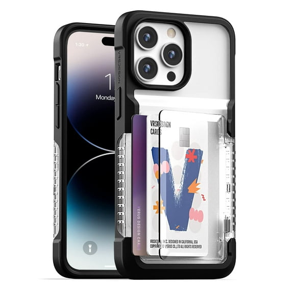 VRS Design Phone Case for iPhone 14 Pro Max, [Neo Flip] Simple Door Card Wallet [2 Cards] Case (Matte Black / Crystal)