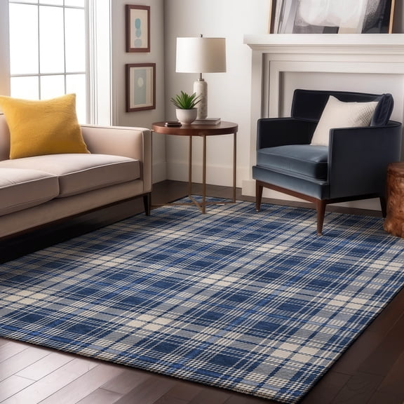 Addison Rugs Mayfield Premium Machine Washable Transitional Plaid Navy Rectangle Rug, 10' x 14'