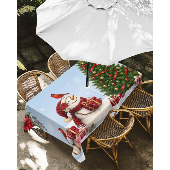 Outdoor Tablecloth with Umbrella Hole, Christmas Tree Snowman on Blue Zippered Table Cloth for Rectangle Tables, Winter Snowflake Cardinal Plant Waterproof Tablecloths for Picnic Patio Garden