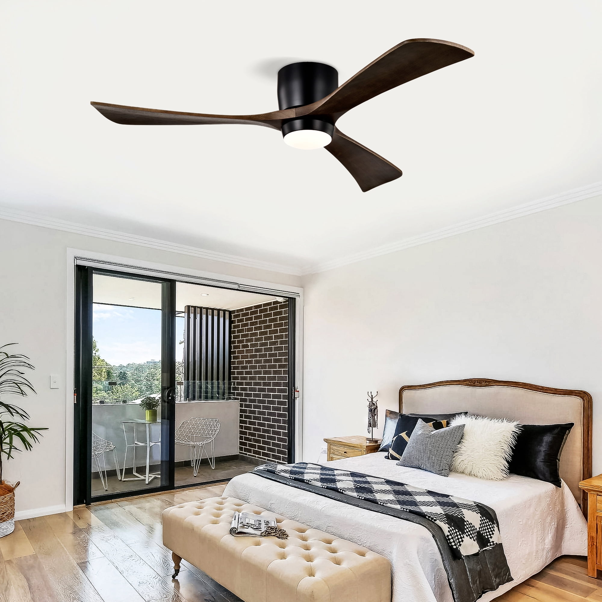 Leumius 52" Flush Mount Solid Wood Blades Ceiling Fan with Light and Remote Control,Quiet DC Motor 6 Speed Levels,Reversible for Patio Living Room Bedroom Office Black