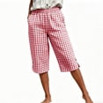 thumbnail image 6 of Women's Cotton Linen Capri Pants with Pockets Mid Elastic Waist Casual Soft Checkered Drawstring Lounge Summer Beach Travel Outdoor Cropped Pants for Women Capris | UKHCCC,Red S, 6 of 9
