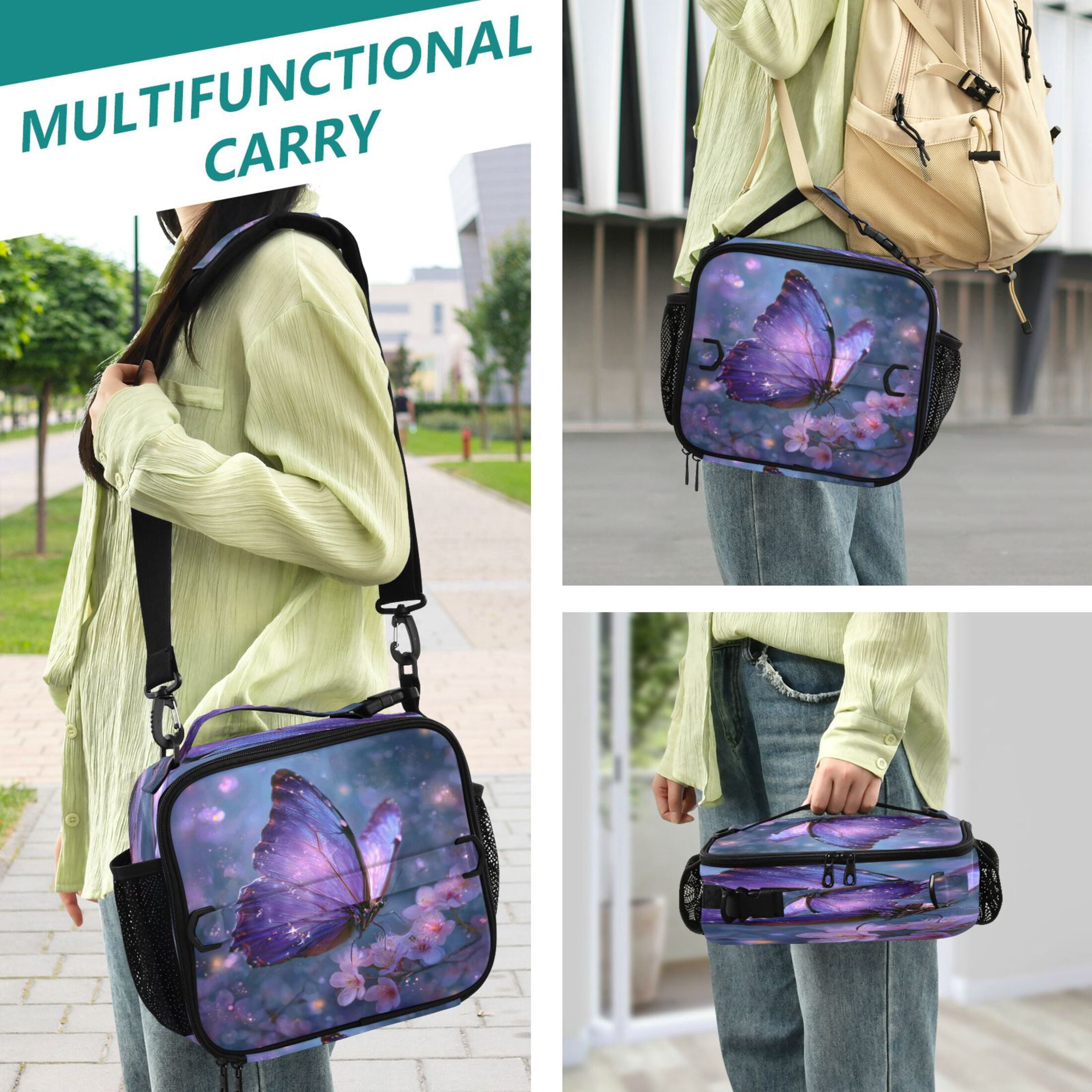 Wobogo Sakura Purple Butterfly Lunch Bag Insulated Portable Cooler Tote Bag for for Adults Kids Work Office School Picnic Beach