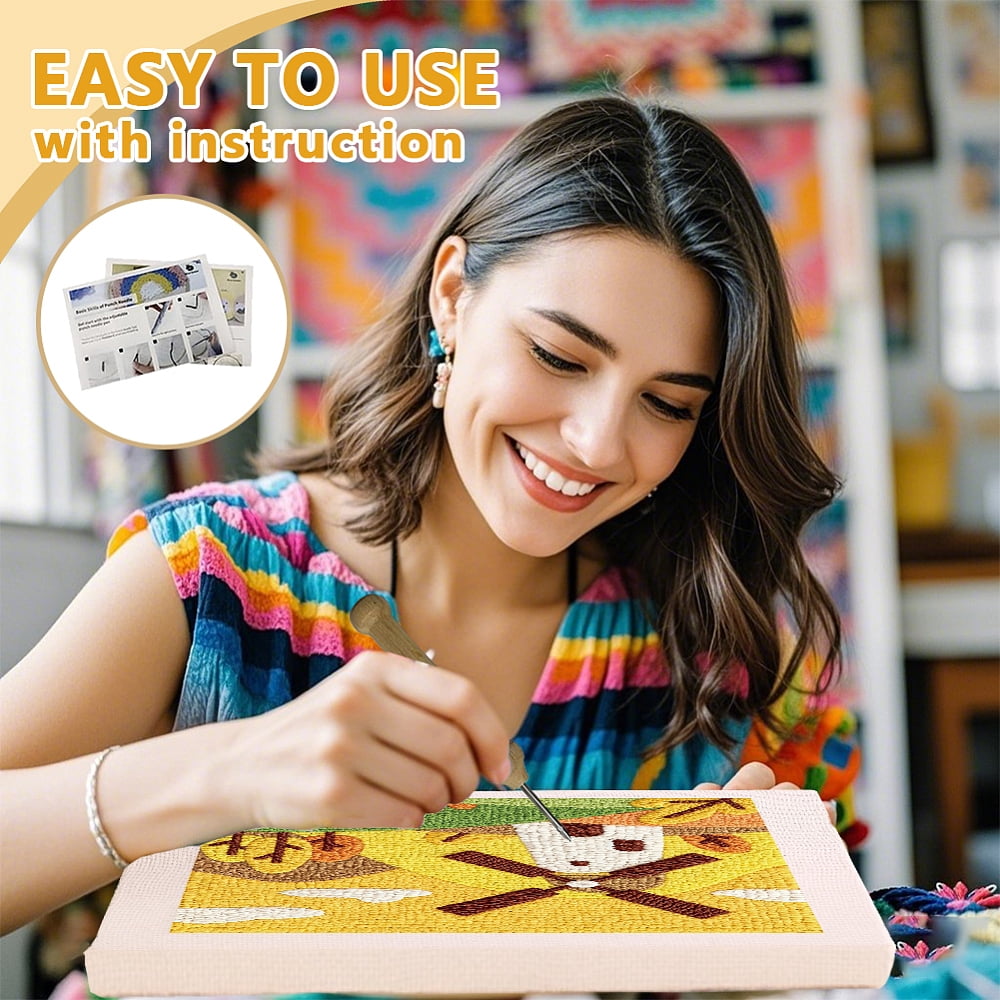 Polyester Cotton Punch Needle 4Folded Yarns Embroidery Kits Included Threader Cotton Thread Punch Needle Thread Clips 3.5MM Wooden Needle Windmill