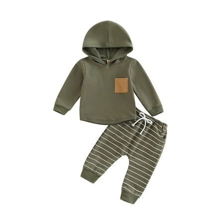 

Meihuida 2Pcs Baby Boys Clothes Long Sleeve Hooded Patchwork Hoodie with Striped Sweatpants Fall Outfit Set
