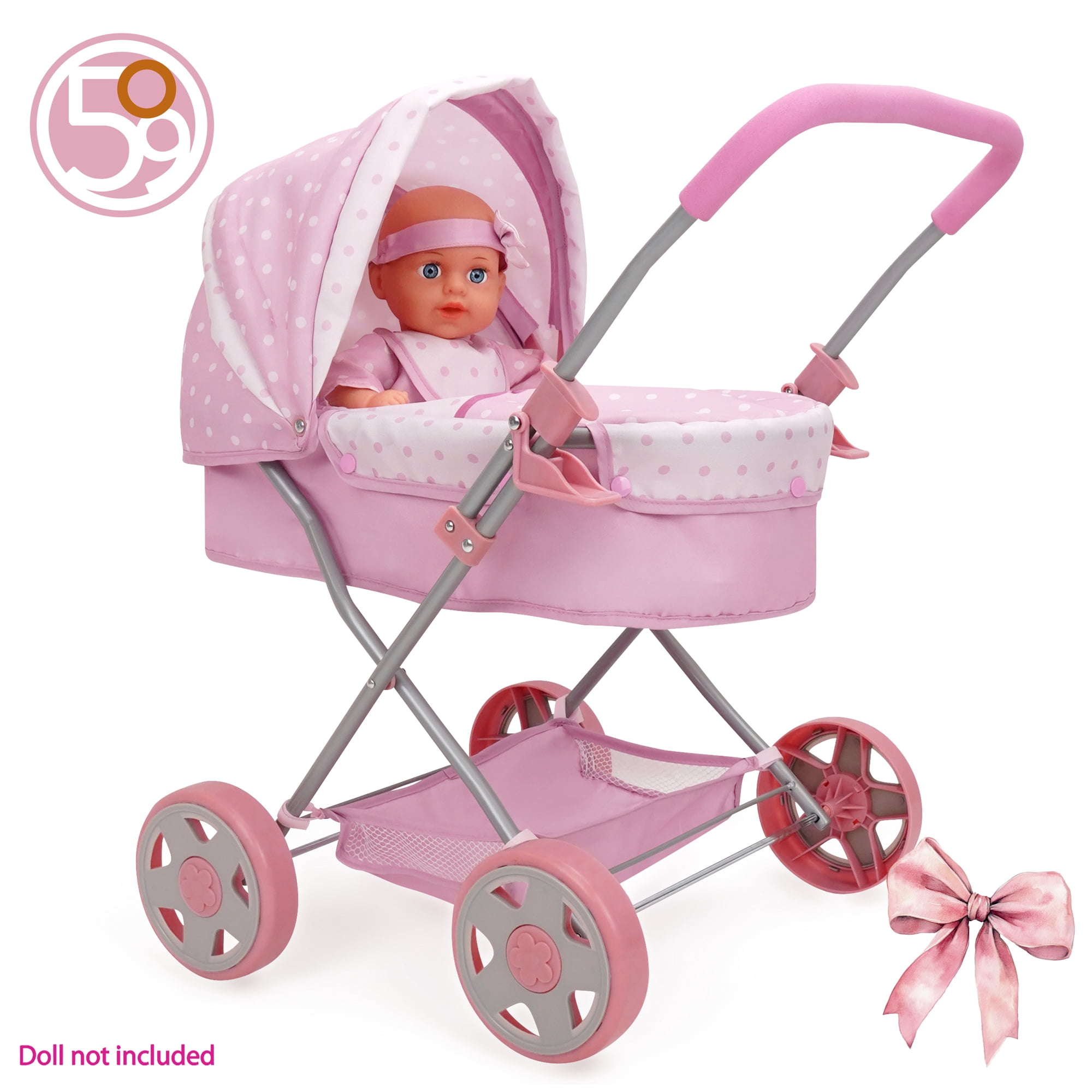 509 Crew: Bow Daisy Doll Pram - Pink & White, Handbag, Removable Bassinet, Canopy, Foam Handle, Push Stroller, Foldable, Doll Accessory Toy, Kids 3+